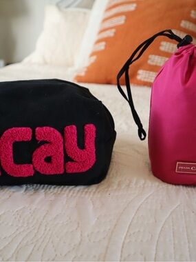 Prada Pink Cosmetic Pouch Logo & Fuchsia Drawstring Bag & Vacay Cosmetic Zipper